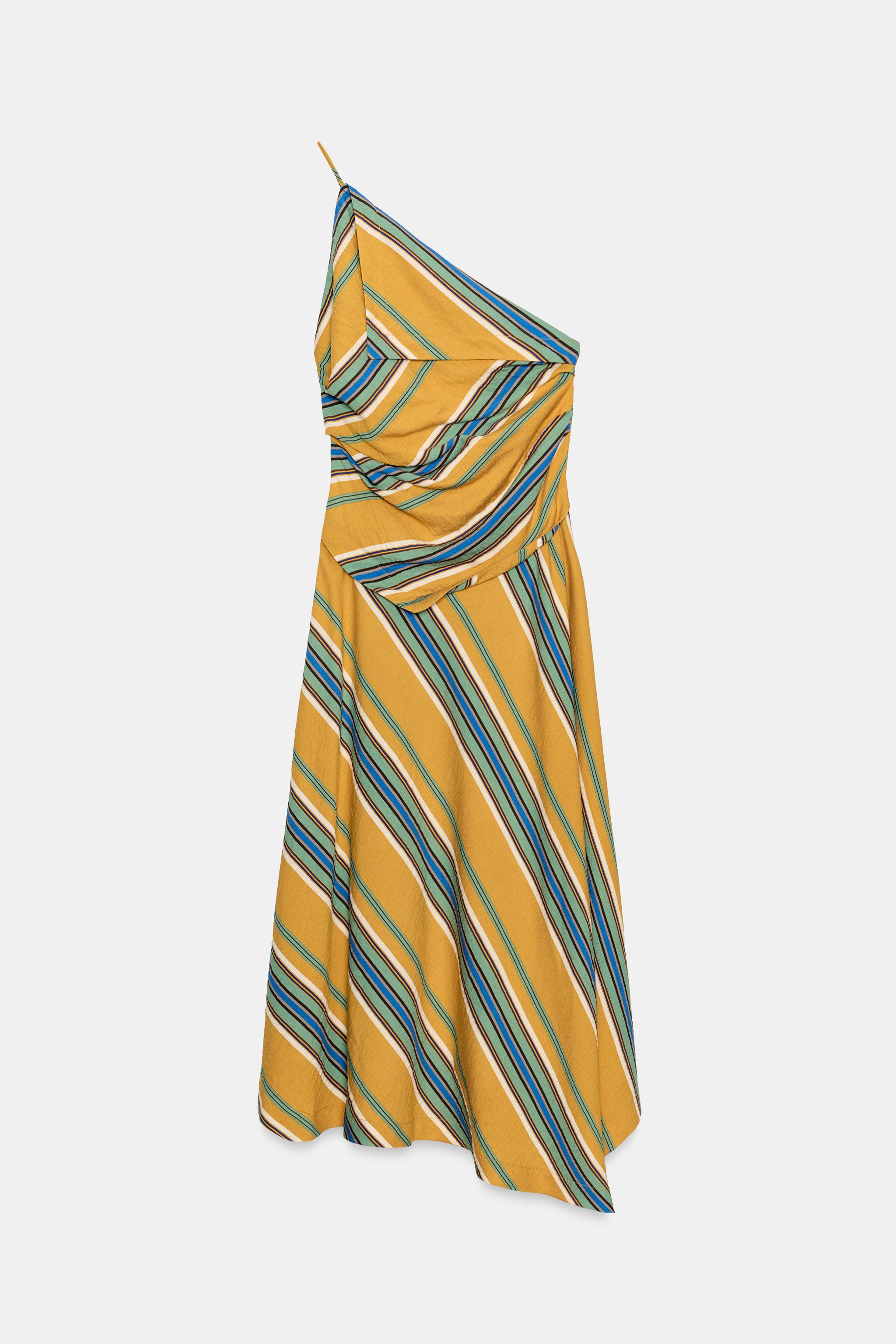ROBE MI-LONGUE ASYMÉTRIQUE À RAYURES